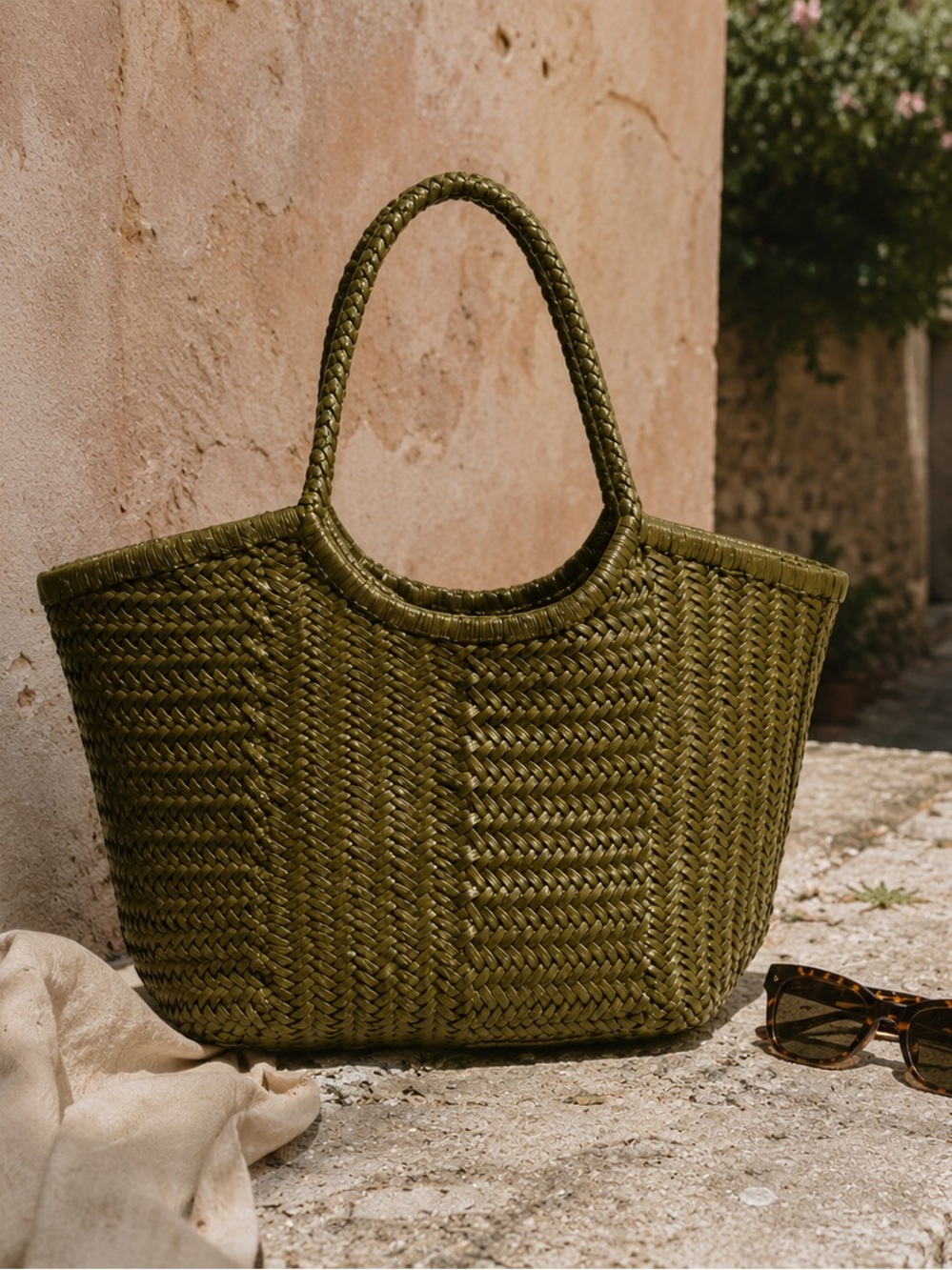 Olive Green Woven Leather Tote Handwoven Basket Bag